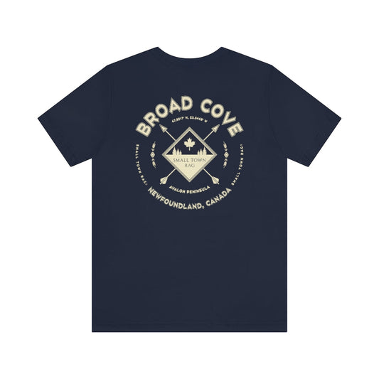 Broad Cove, Newfoundland.  Canada. Cream on Navy, Gender Neutral, T-shirt, Designed by Small Town Rag.-SMALL TOWN RAG