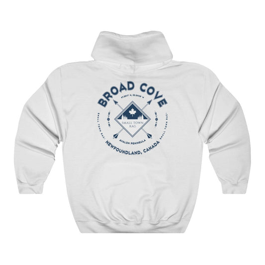 Broad Cove, Newfoundland.  Canada.  Navy on White, Pull-over Hoodie, Hooded Sweater Shirt, Gender Neutral.-SMALL TOWN RAG