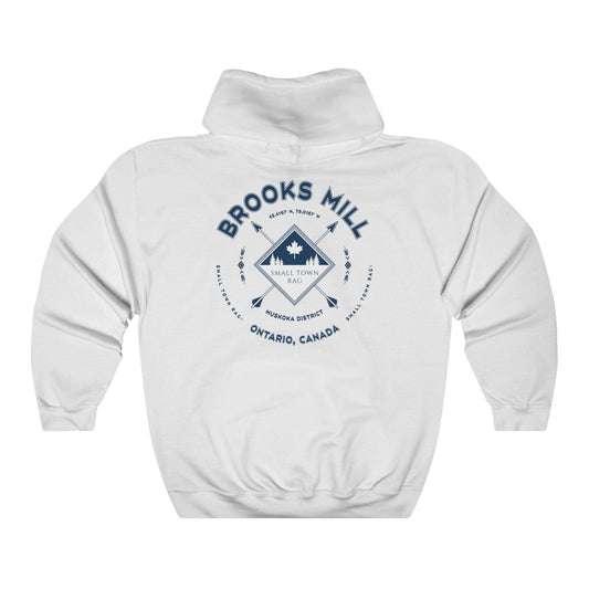 Brooks Mill, Ontario, Canada.  Navy on White, Pull-over Hoodie, Hooded Sweater Shirt, Gender Neutral.-SMALL TOWN RAG