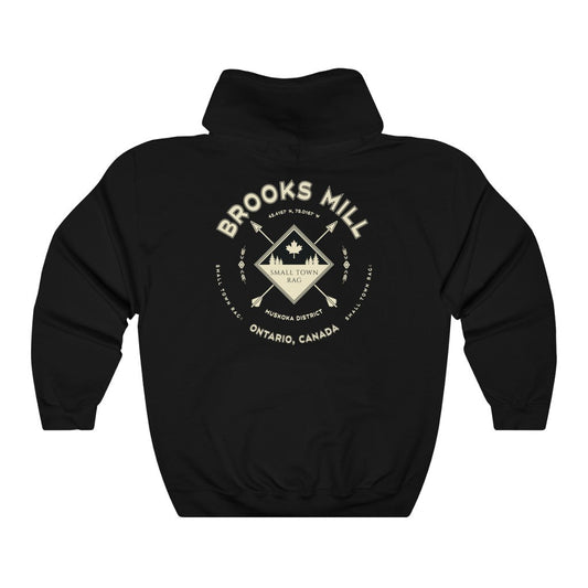 Brooks Mill, Ontario, Light Cream on Black, Pull-over Hoodie, Hooded Sweater Shirt, Gender Neutral-SMALL TOWN RAG
