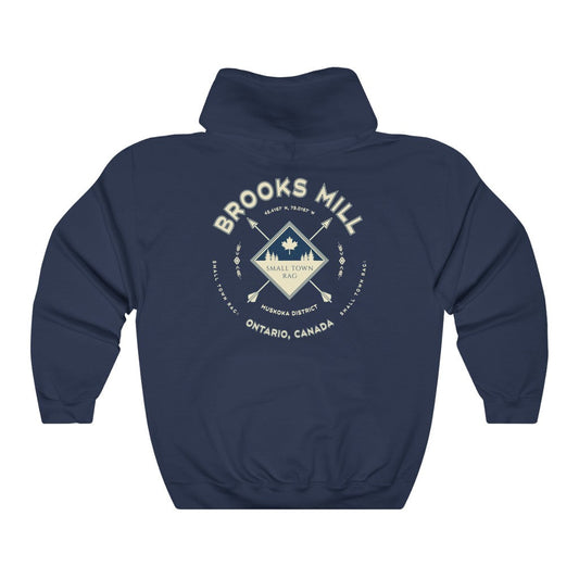 Brooks Mill, Ontario, Light Cream on Navy, Pull-over Hoodie, Hooded Sweater Shirt, Gender Neutral-SMALL TOWN RAG