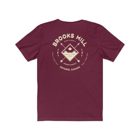 Brooks Mill, Ontario.  Canada. Light Cream on Maroon, Gender Neutral, T-shirt, Designed by Small Town Rag-SMALL TOWN RAG