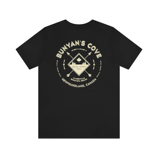 Bunyan's Cove, Newfoundland.  Canada. Cream on Black, Gender Neutral, T-shirt, Designed by Small Town Rag.-SMALL TOWN RAG