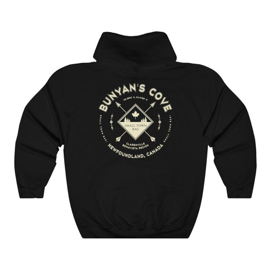 Bunyan's Cove, Newfoundland.  Canada.  Cream on Black, Pull-over Hoodie, Hooded Sweater Shirt, Gender Neutral.-SMALL TOWN RAG
