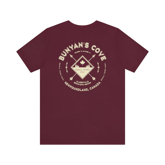 Bunyan's Cove, Newfoundland.  Canada. Cream on Maroon, Gender Neutral, T-shirt, Designed by Small Town Rag.-SMALL TOWN RAG