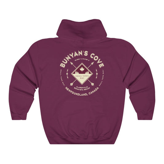 Bunyan's Cove, Newfoundland.  Canada.  Cream on Maroon, Pull-over Hoodie, Hooded Sweater Shirt, Gender Neutral.-SMALL TOWN RAG