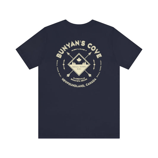 Bunyan's Cove, Newfoundland.  Canada. Cream on Navy, Gender Neutral, T-shirt, Designed by Small Town Rag.-SMALL TOWN RAG