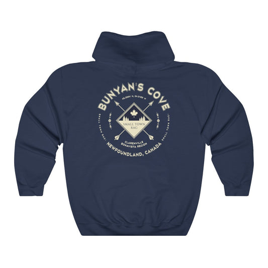 Bunyan's Cove, Newfoundland.  Canada.  Cream on Navy, Pull-over Hoodie, Hooded Sweater Shirt, Gender Neutral.-SMALL TOWN RAG