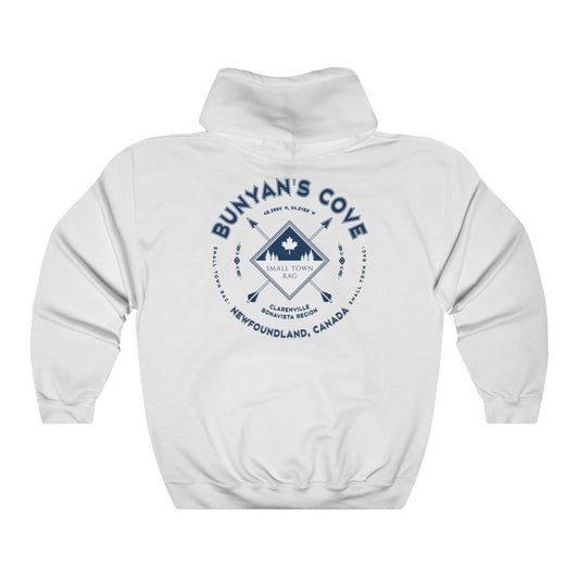 Bunyan's Cove, Newfoundland.  Canada.  Navy on White, Pull-over Hoodie, Hooded Sweater Shirt, Gender Neutral.-SMALL TOWN RAG
