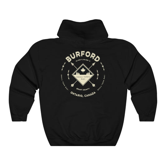 Burford, Ontario.  Canada.  Cream on Black, Pull-over Hoodie, Hooded Sweater Shirt, Gender Neutral.-SMALL TOWN RAG