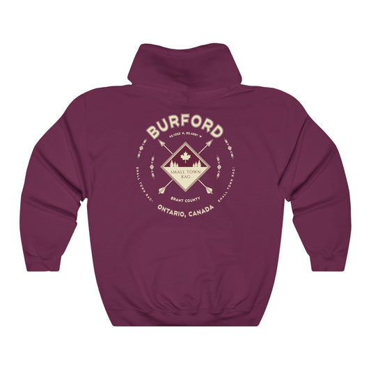 Burford, Ontario.  Canada.  Cream on Maroon, Pull-over Hoodie, Hooded Sweater Shirt, Gender Neutral.-SMALL TOWN RAG