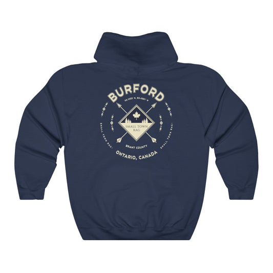 Burford, Ontario.  Canada.  Cream on Navy, Pull-over Hoodie, Hooded Sweater Shirt, Gender Neutral.-SMALL TOWN RAG