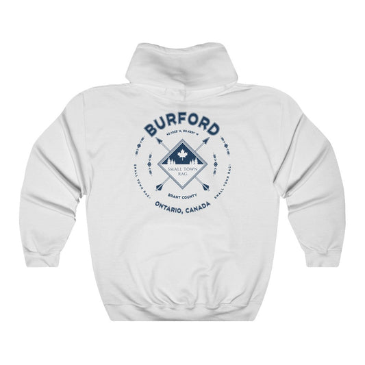 Burford, Ontario.  Canada.  Navy on White, Pull-over Hoodie, Hooded Sweater Shirt, Gender Neutral.-SMALL TOWN RAG