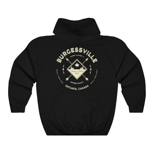 Burgessville, Ontario.  Canada.  Cream on Black, Pull-over Hoodie, Hooded Sweater Shirt, Gender Neutral.-SMALL TOWN RAG