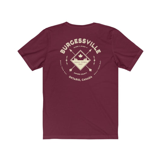 Burgessville, Ontario.  Canada. Cream on Maroon, Gender Neutral, T-shirt, Designed by Small Town Rag.-SMALL TOWN RAG
