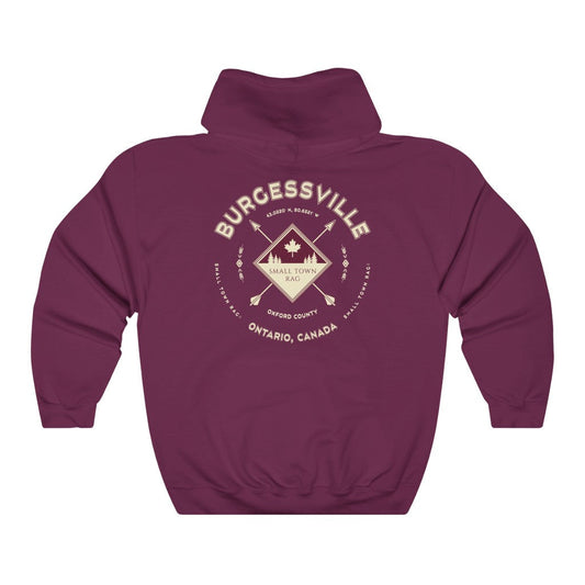 Burgessville, Ontario.  Canada.  Cream on Maroon, Pull-over Hoodie, Hooded Sweater Shirt, Gender Neutral.-SMALL TOWN RAG