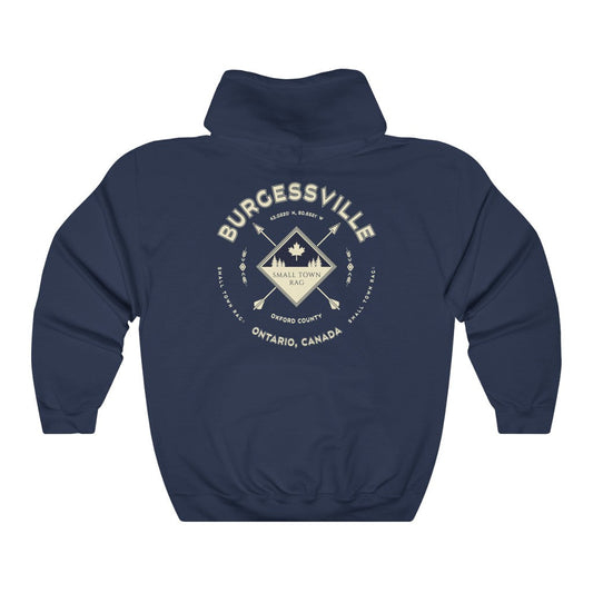 Burgessville, Ontario.  Canada.  Cream on Navy, Pull-over Hoodie, Hooded Sweater Shirt, Gender Neutral.-SMALL TOWN RAG