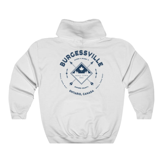 Burgessville, Ontario.  Canada.  Navy on White, Pull-over Hoodie, Hooded Sweater Shirt, Gender Neutral.-SMALL TOWN RAG
