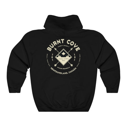 Burnt Cove, Newfoundland.  Canada.  Cream on Black, Pull-over Hoodie, Hooded Sweater Shirt, Gender Neutral.-SMALL TOWN RAG