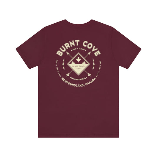 Burnt Cove, Newfoundland.  Canada. Cream on Maroon, Gender Neutral, T-shirt, Designed by Small Town Rag.-SMALL TOWN RAG