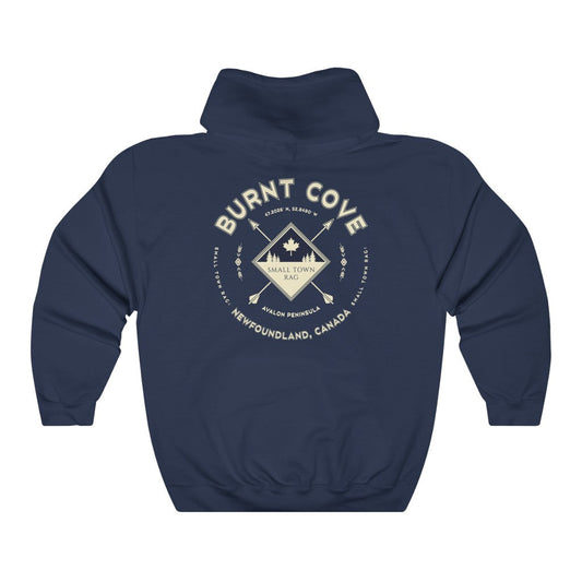 Burnt Cove, Newfoundland.  Canada.  Cream on Navy, Pull-over Hoodie, Hooded Sweater Shirt, Gender Neutral.-SMALL TOWN RAG