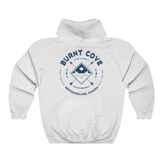 Burnt Cove, Newfoundland.  Canada.  Navy on White, Pull-over Hoodie, Hooded Sweater Shirt, Gender Neutral.-SMALL TOWN RAG