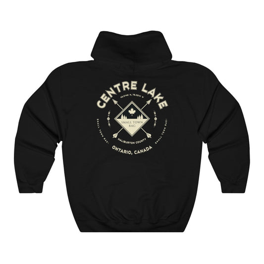 Centre Lake, Ontario, Light Cream on Black, Pull-over Hoodie, Hooded Sweater Shirt, Gender Neutral-SMALL TOWN RAG