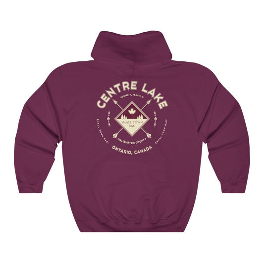 Centre Lake, Ontario, Light Cream on Maroon, Pull-over Hoodie, Hooded Sweater Shirt, Gender Neutral-SMALL TOWN RAG