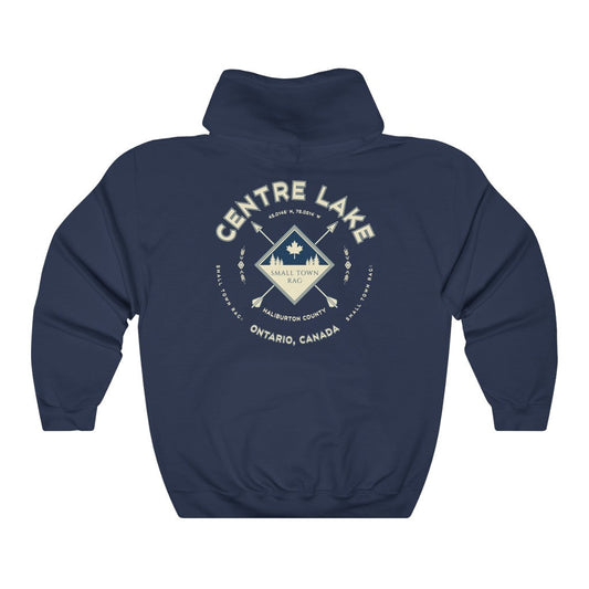 Centre Lake, Ontario, Light Cream on Navy, Pull-over Hoodie, Hooded Sweater Shirt, Gender Neutral-SMALL TOWN RAG
