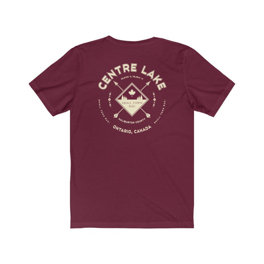 Centre Lake, Ontario.  Canada. Light Cream on Maroon, Gender Neutral, T-shirt, Designed by Small Town Rag-SMALL TOWN RAG