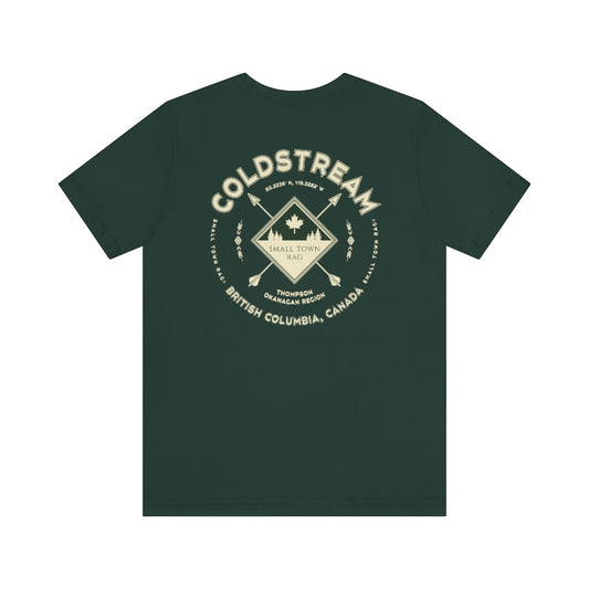 Coldstream, British Columbia.  Canada. Cream on Forest Green, Gender Neutral, T-shirt, Designed by Small Town Rag.-SMALL TOWN RAG