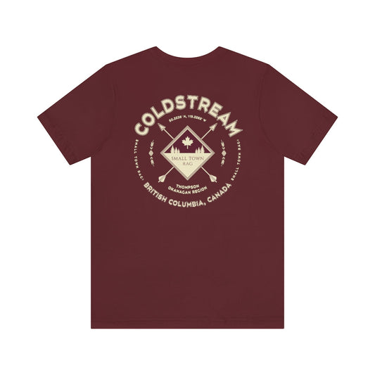 Coldstream, British Columbia.  Canada. Cream on Maroon, Gender Neutral, T-shirt, Designed by Small Town Rag.-SMALL TOWN RAG