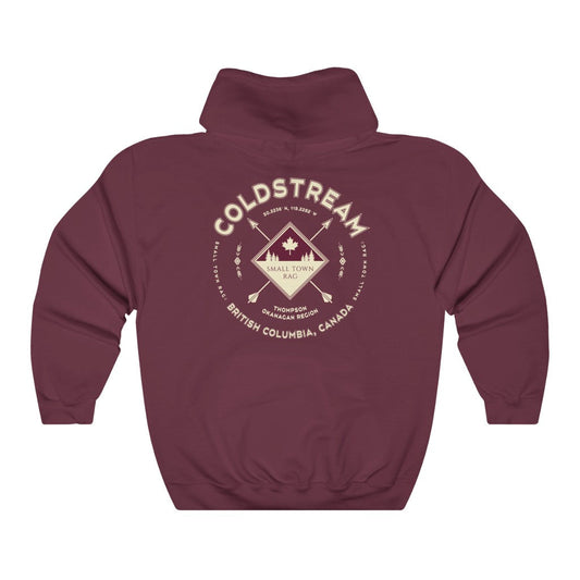 Coldstream, British Columbia.  Canada.  Cream on Maroon, Pull-over Hoodie, Hooded Sweater Shirt, Gender Neutral.-SMALL TOWN RAG