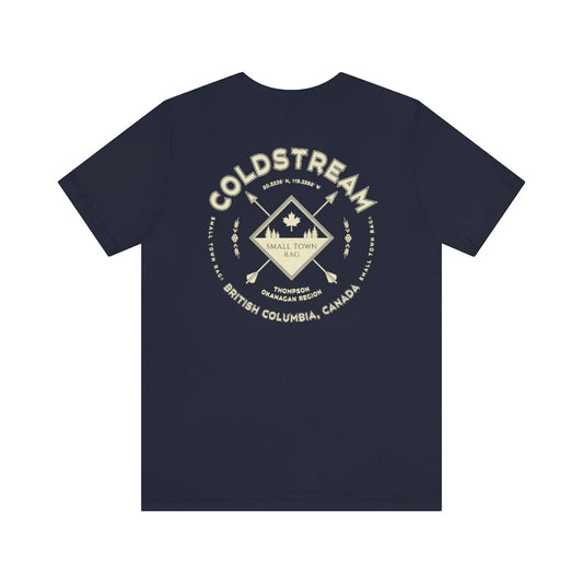 Coldstream, British Columbia.  Canada. Cream on Navy, Gender Neutral, T-shirt, Designed by Small Town Rag.-SMALL TOWN RAG