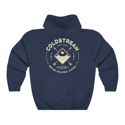 Coldstream, British Columbia.  Canada.  Cream on Navy, Pull-over Hoodie, Hooded Sweater Shirt, Gender Neutral.-SMALL TOWN RAG