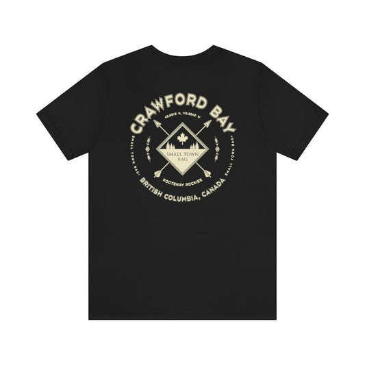 Crawford Bay, British Columbia.  Canada. Cream on Black, Gender Neutral, T-shirt, Designed by Small Town Rag.-SMALL TOWN RAG