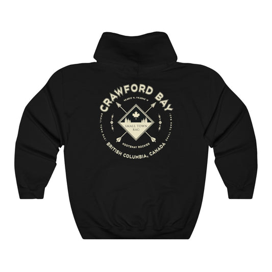 Crawford Bay, British Columbia.  Canada.  Cream on Black, Pull-over Hoodie, Hooded Sweater Shirt, Gender Neutral.-SMALL TOWN RAG
