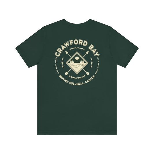 Crawford Bay, British Columbia.  Canada. Cream on Forest Green, Gender Neutral, T-shirt, Designed by Small Town Rag.-SMALL TOWN RAG
