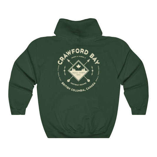 Crawford Bay, British Columbia.  Canada.  Cream on Forest Green, Pull-over Hoodie, Hooded Sweater Shirt, Gender Neutral., British Columbia.  Canada.  Cream on Forest Green, Pull-over Hoodie, Hooded Sweater Shirt, Gender Neutral.-SMALL TOWN RAG