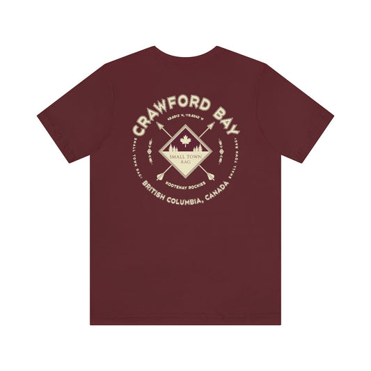 Crawford Bay, British Columbia.  Canada. Cream on Maroon, Gender Neutral, T-shirt, Designed by Small Town Rag.-SMALL TOWN RAG
