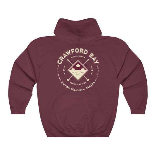 Crawford Bay, British Columbia.  Canada.  Cream on Maroon, Pull-over Hoodie, Hooded Sweater Shirt, Gender Neutral.-SMALL TOWN RAG