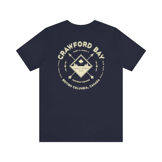 Crawford Bay, British Columbia.  Canada. Cream on Navy, Gender Neutral, T-shirt, Designed by Small Town Rag.-SMALL TOWN RAG