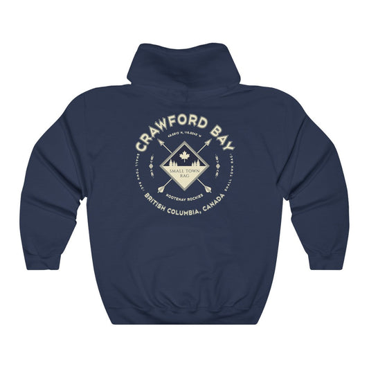 Crawford Bay, British Columbia.  Canada.  Cream on Navy, Pull-over Hoodie, Hooded Sweater Shirt, Gender Neutral.-SMALL TOWN RAG