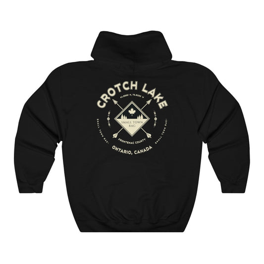Crotch Lake, Ontario.  Canada.  Cream on Black, Pull-over Hoodie, Hooded Sweater Shirt, Gender Neutral.-SMALL TOWN RAG
