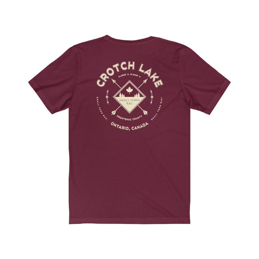 Crotch Lake, Ontario.  Canada. Cream on Maroon, Gender Neutral, T-shirt, Designed by Small Town Rag.-SMALL TOWN RAG
