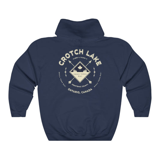 Crotch Lake, Ontario.  Canada.  Cream on Navy, Pull-over Hoodie, Hooded Sweater Shirt, Gender Neutral.-SMALL TOWN RAG