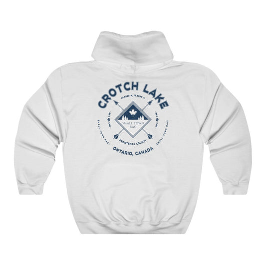 Crotch Lake, Ontario.  Canada.  Navy on White, Pull-over Hoodie, Hooded Sweater Shirt, Gender Neutral.-SMALL TOWN RAG