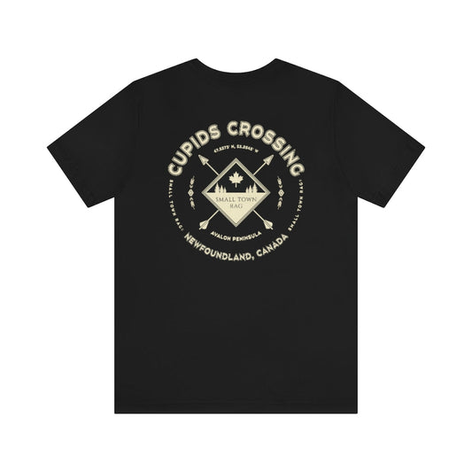 Cupids Crossing, Newfoundland.  Canada. Cream on Black, Gender Neutral, T-shirt, Designed by Small Town Rag.-SMALL TOWN RAG