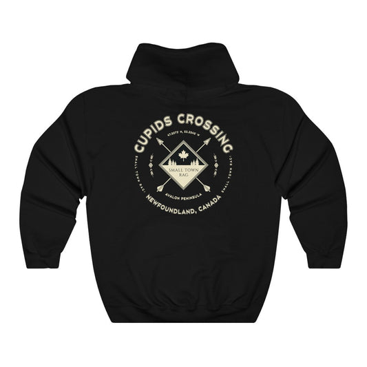 Cupids Crossing, Newfoundland.  Canada.  Cream on Black, Pull-over Hoodie, Hooded Sweater Shirt, Gender Neutral.-SMALL TOWN RAG