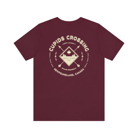 Cupids Crossing, Newfoundland.  Canada. Cream on Maroon, Gender Neutral, T-shirt, Designed by Small Town Rag.-SMALL TOWN RAG